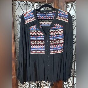 Andree Black Blouse with Multicolor Geometric Pattern